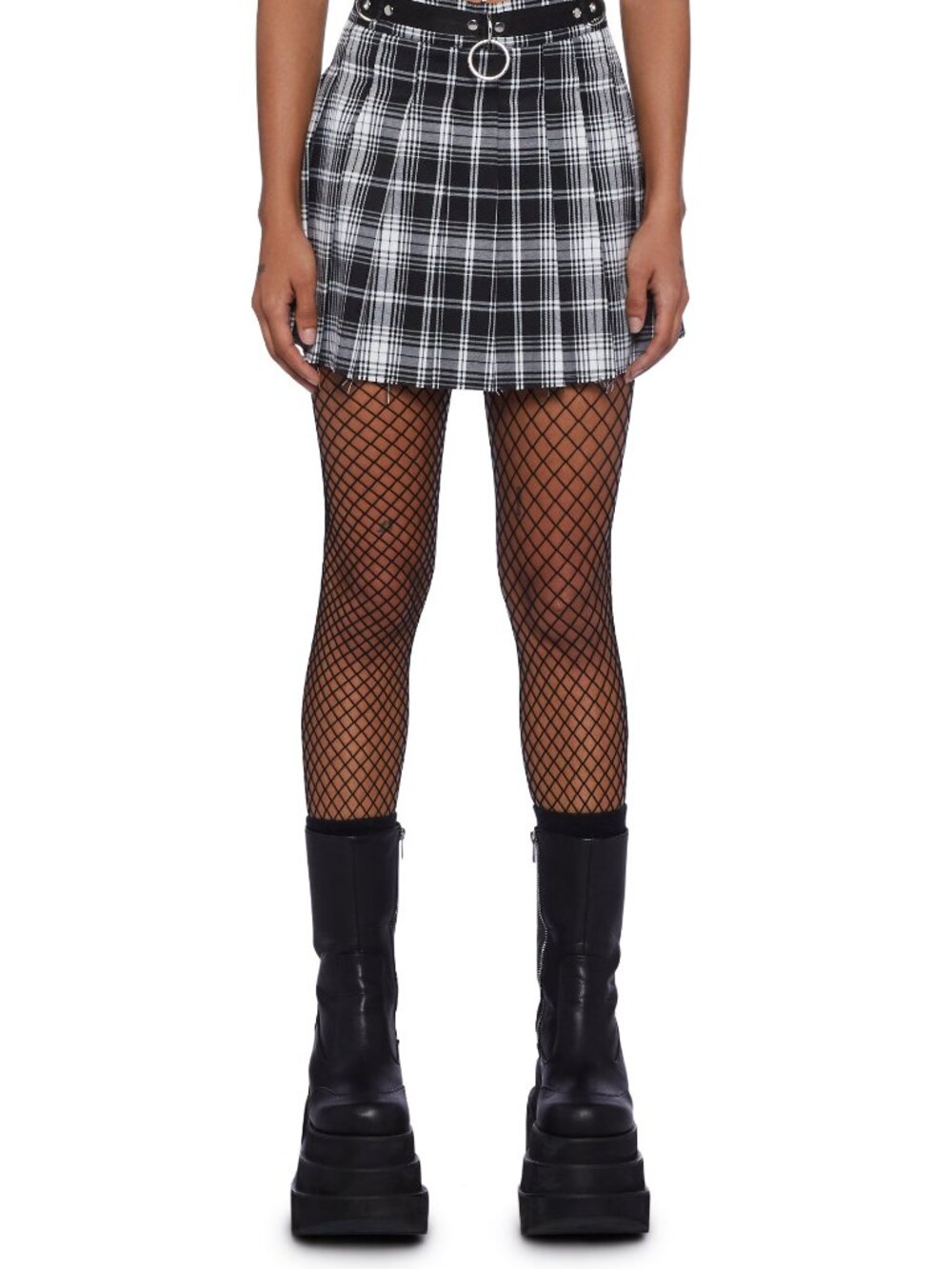 Dolls Kill Black & White Plaid Pleated Mini Skirt with O-Ring Belt